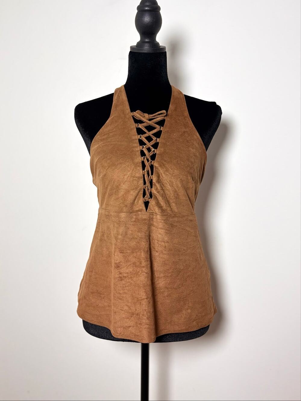 Vtg Y2K Express Halter Neck Faux Suede Lace Up Top Size XS
